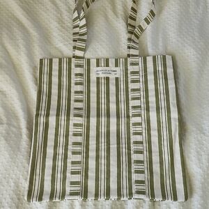 SEZANE Striped Canvas Tote Bag in Olive Green